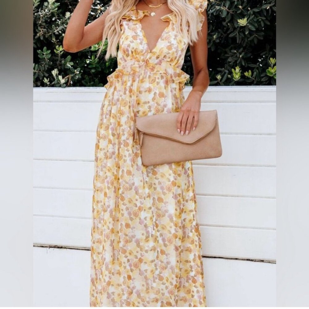 Aakaa Rosamund Floral Chiffon Maxi Dress Plunging Neck Tie Back‎ Ruffled L New